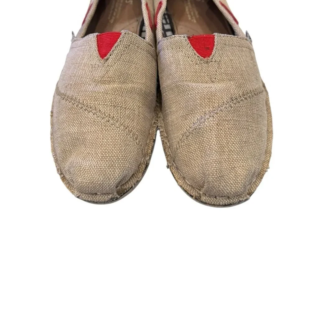 TOMS Women's Burlap Canvas Tan Red Slip-On Shoes Loafers 7.5